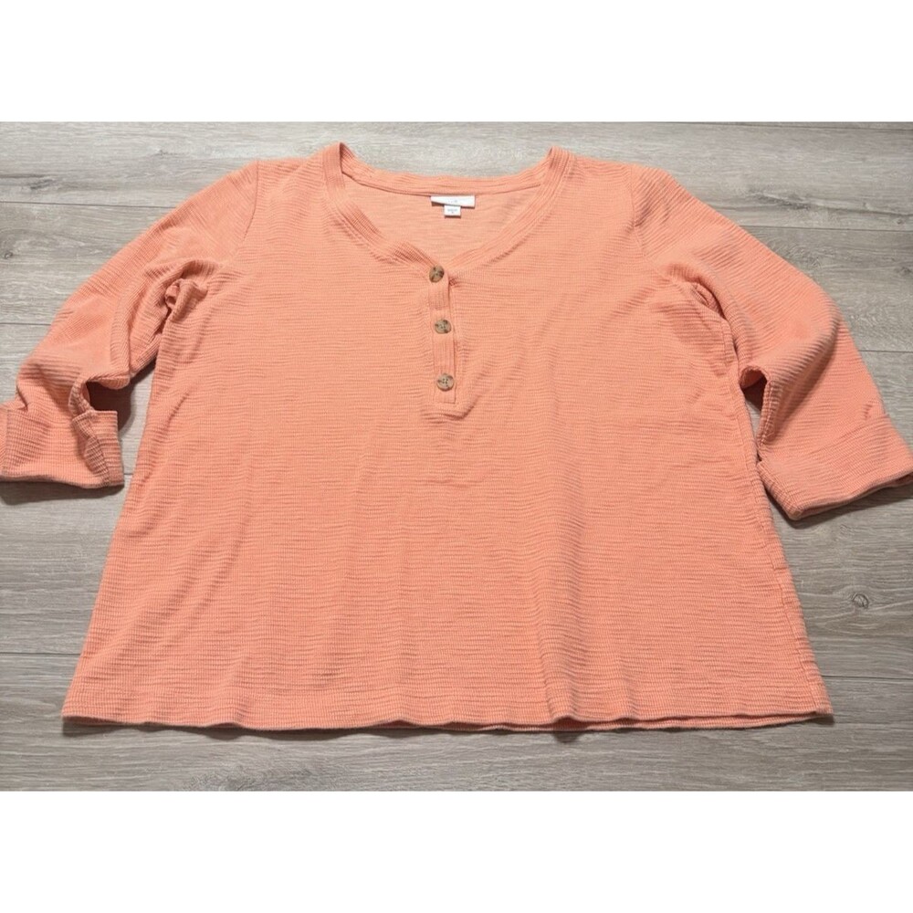 J. Jill Waffle Knit Peach 3-Button V Neck Henley Cuffed 3/4 Sleeve Relaxed Top M